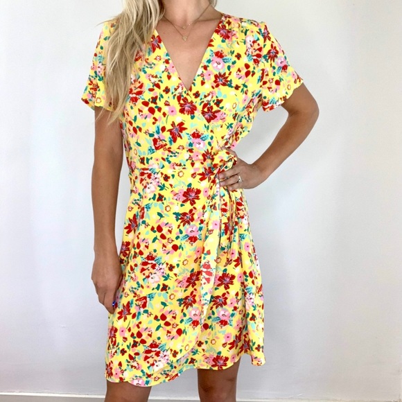 J. Crew Dresses & Skirts - J. Crew Yellow Red Green Floral Wrap Dress size 10